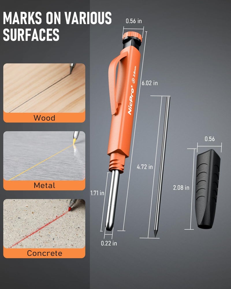 Nicpro Upgraded 3-IN-1 Carpenter Pencils with Sharpener & Finger Grip, Construction Pencil with 13 Leads, Deep Hole Marking Tool, Solid Mechanical Pencil for Carpenters Scriber Architect Woodworking - Image 5